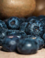 Macro of fresh blueberry berries. Blueberries close-up. Vaccinium myrtillus.