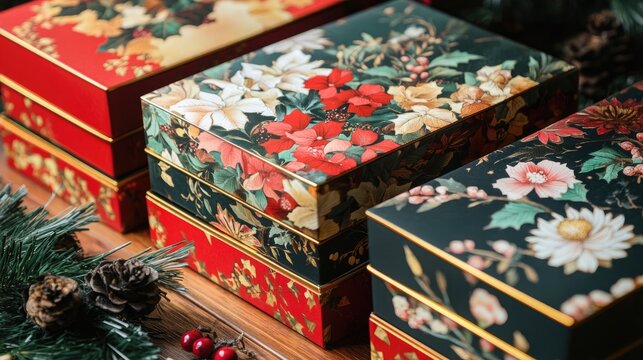 Vibrantly decorated festive gift boxes adorned with seasonal floral patterns, ideal for sharing joy during holiday celebrations.