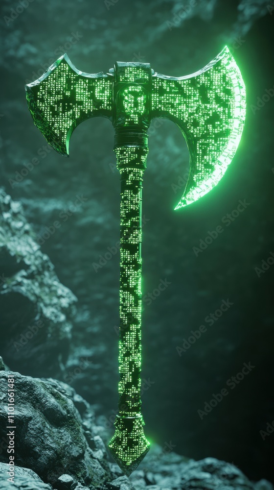 Poster digital art creation of neon green axe in glitch effect virtual environment 3d render