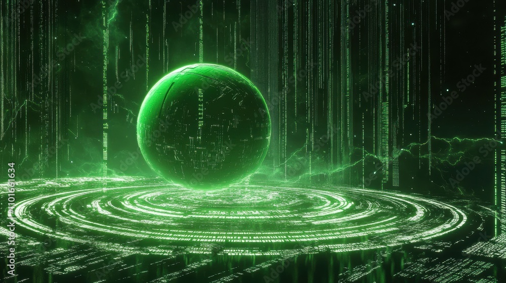 Poster dynamic neon green planet surrounded by cascading data streams in futuristic environment