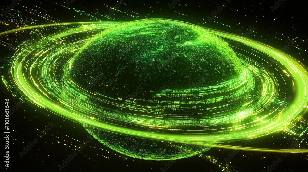 Poster dynamic matrix-style neon green planet with cascading data in a futuristic environment