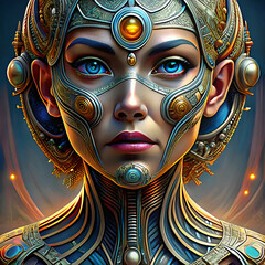 Naklejka premium A futuristic woman with ornate golden and blue armor stares directly at the viewer.