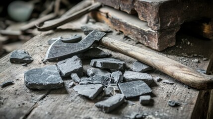 Close-up of ancient stone tools, sharp flint knives, and polished axes on a weathered wooden surface, symbolizing prehistoric craftsmanship and the dawn of human ingenuity
