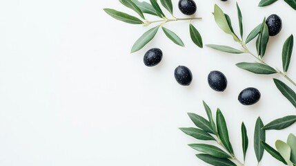 Close-up of dark olives nestled among fresh olive leaves on a clean white background, showcasing their rich color and natural texture.
