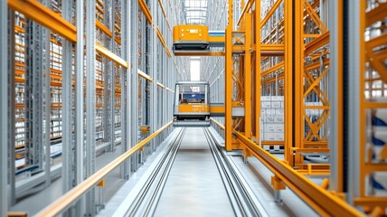 Automated shuttles retrieving products from deep storage racks, seamless coordination, photo-realistic, futuristic inventory solutions