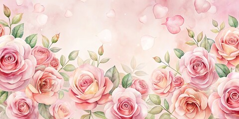 Watercolor Painting of Delicate Pink Roses and Falling Petals on a Soft Background