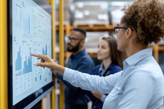 Supervisor explaining inventory analytics using a projector, diverse team listening attentively, photo-realistic, collaborative warehouse planning
