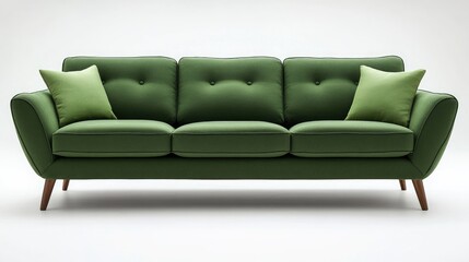 Fototapeta premium Modern green sofa with plush cushions and wooden legs, set in a chic and stylish living room setting with a minimalist backdrop.