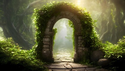 Enchanting fantasy portal surrounded by lush creepers in a mystical world, featuring a magical archway that exudes mystery, wonder, and adventure in a surreal dreamscape.