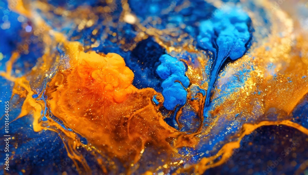 Poster vivid image showcasing swirling blue and orange liquid ink textures blending together in a mesmerizi