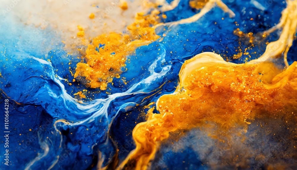 Poster dynamic fusion of blue and orange liquid ink with hyper-realistic texture and churning motion captur