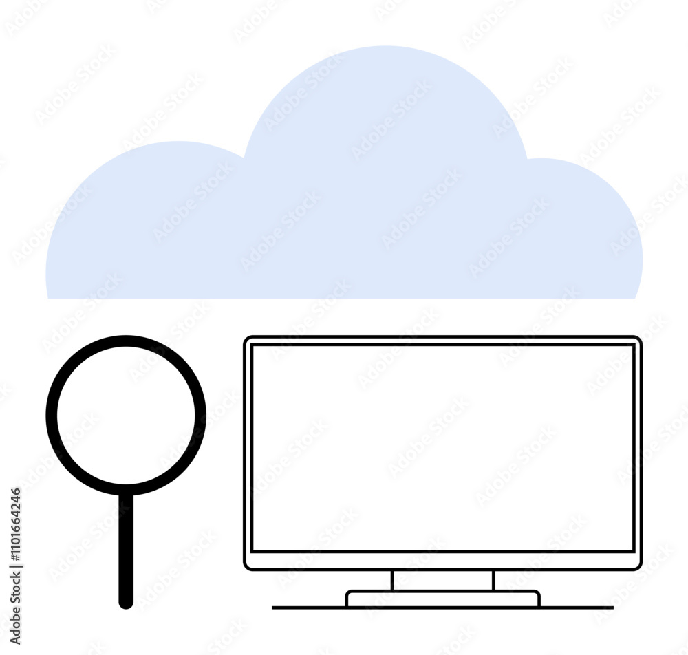 Poster cloud above computer monitor with magnifying glass representing search. ideal for data storage, clou