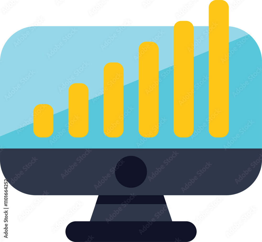 Poster desktop computer is showing a growing bar chart on its screen, representing positive business result