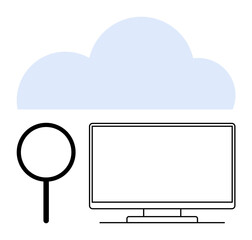 Cloud above computer monitor with magnifying glass representing search. Ideal for data storage, cloud services, IT infrastructure, online research, data analysis, web services, cloud computing