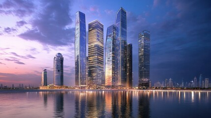 Energyefficient skyscrapers illuminated at night cityscape urban architecture reflection aesthetic appeal