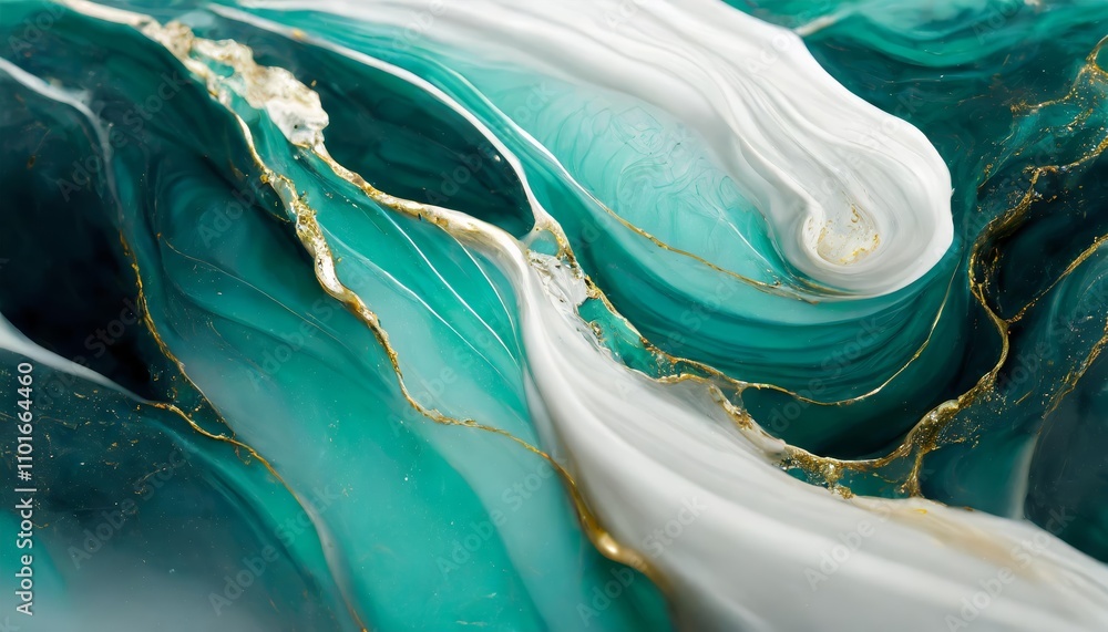 Poster a mesmerizing visual of teal and white liquid ink blending dynamically, forming intricate patterns w