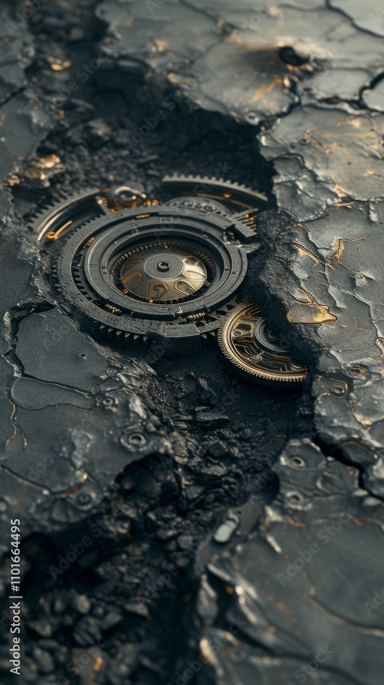 Aufkleber An intricate arrangement of exposed gears embedded within a cracked dark surface. The combination of industrial textures and the mechanical elements evokes a sense of decay and complex engineering.