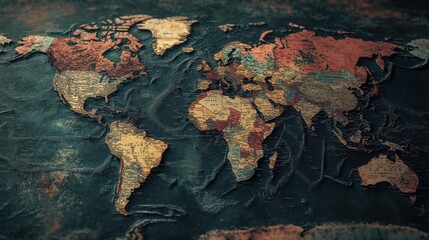 Highly detailed vintage-style world map in dark retro tones, highlighting countries and borders for a classic look.