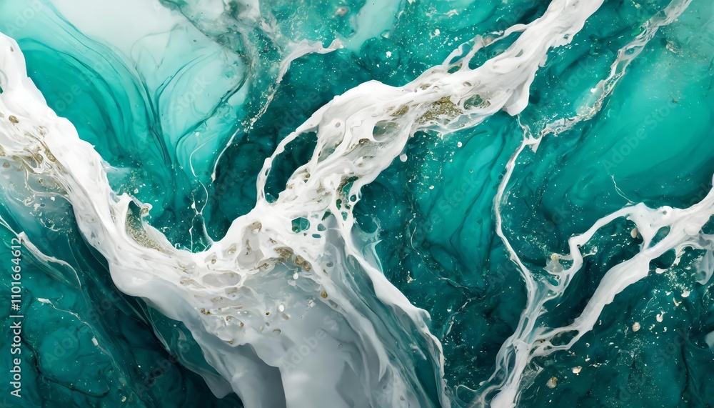 Poster mesmerizing image of teal and white liquid ink blending in vivid motion, showcasing intricate patter