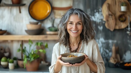 Smiling woman presenting a bowl of food in a rustic kitchen