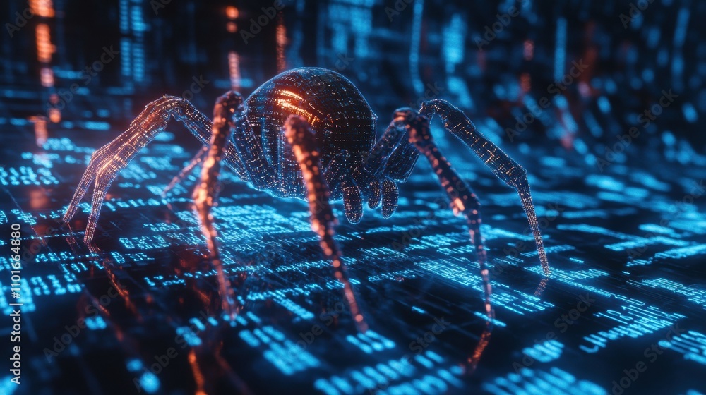Poster glowing neon spider crawling through matrix code in digital environment sci-fi concept art