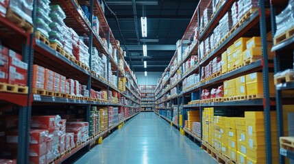 Futuristic retail warehouse showcasing advanced shelving systems and organized products, illustrating Industry 4.0 technology in goods management.