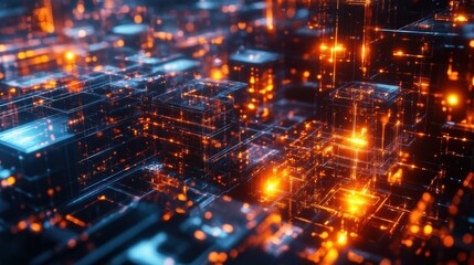 Obraz premium Abstract digital landscape with glowing data structures and vibrant lights.