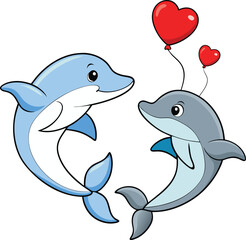 Obraz premium Adorable cartoon dolphins holding heart-shaped balloons, perfect for love, romance, and Valentine’s Day-themed designs or decorations.