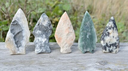 Close-up of ancient stone tools, sharp flint knives, and polished axes on a weathered wooden surface, symbolizing prehistoric craftsmanship and the dawn of human ingenuity.