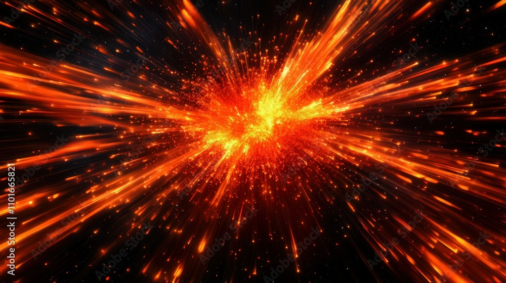 Poster a vivid orange and red light explosion, creating an abstract fiery effect on a black background, sim