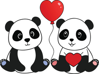 Cute cartoon pandas holding a heart-shaped balloon, perfect for love, romance, and Valentine’s Day-themed designs or gifts.

