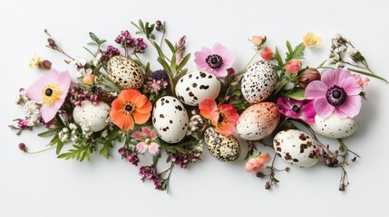 Obraz premium Elegant Easter display of colorful spring flowers and speckled quail eggs on a clean white background with space for text, viewed from above.