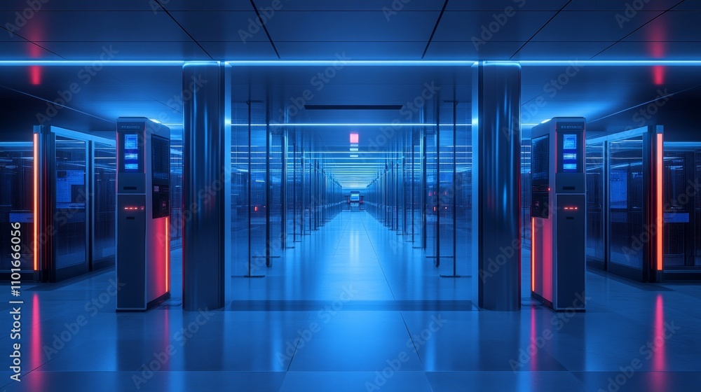 Aufkleber a futuristic corridor lined with illuminated servers, creating a high-tech atmosphere.