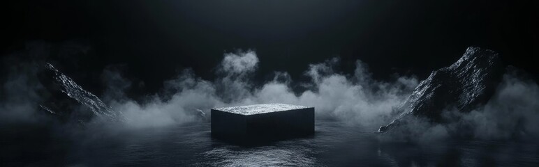 Abstract black background with a podium for product presentation, the podium in the center and smoke
