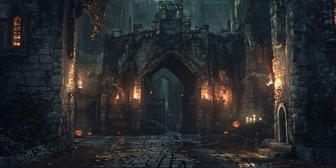 Fototapeta premium Halloween Banquet in a Gothic Castle, Enchanted Halloween Eve in a Fortress, Mystic Halloween Ball in a Castle 
