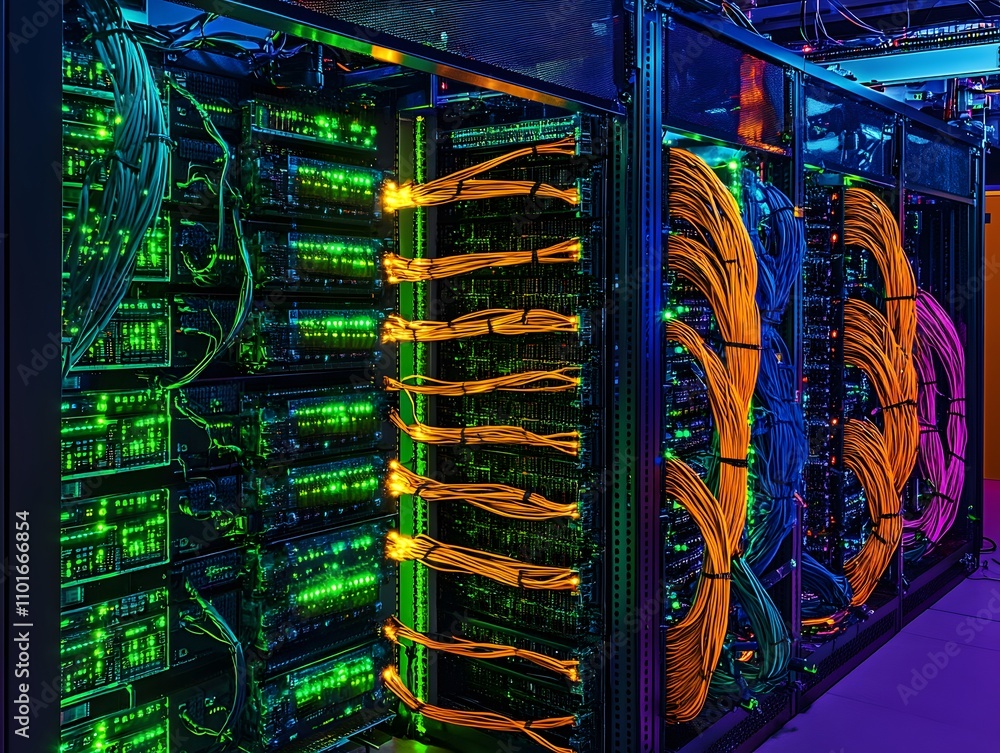 Poster a server room filled with illuminated network equipment and colorful cables for data management.