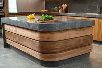 Modern kitchen island, wood, stone countertop, produce.