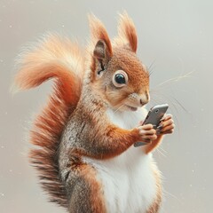 A whimsical image of a squirrel holding a smartphone, perfect for social media posts, marketing materials, or educational content showcasing wildlife and technology interaction,