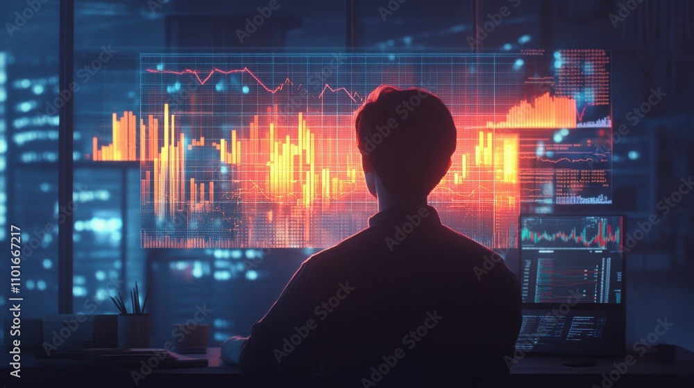 Aufkleber financial analyst analyzing data in dim office environment with glowing charts and graphs