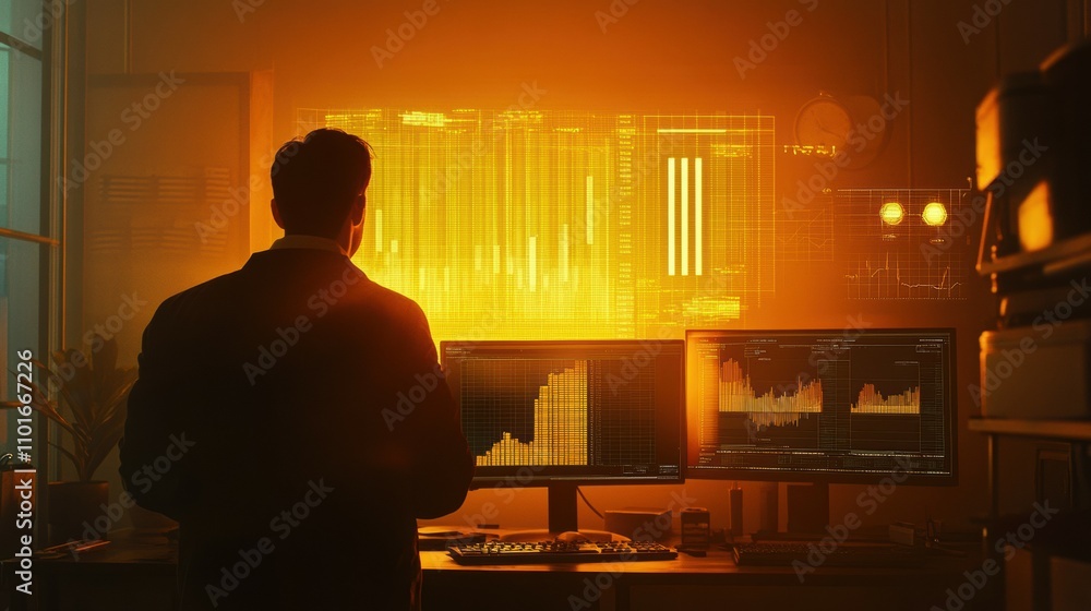 Poster financial analyst reviewing glowing charts and graphs in dim office space for data insights
