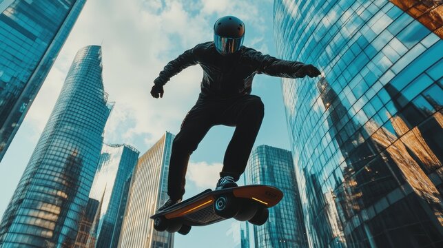 Futuristic hoverboard rider performing tricks in bustling cityscape urban lifestyle action shot