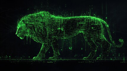 Digital art of glowing neon green lion code abstract design technology environment creative viewpoint