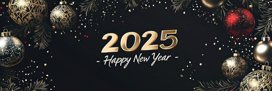 Luxurious minimal Christmas design showcasing a dark black canvas with ornate gold and baubles. "2025" in bold, modern contemporary typography with "Happy New Year" in a medium, stylized style - Powered by Adobe