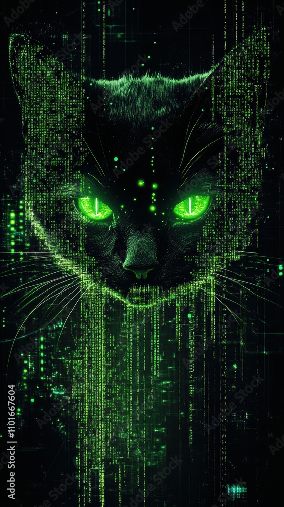 Poster matrix-style code falling digital cat illustration virtual environment futuristic viewpoint