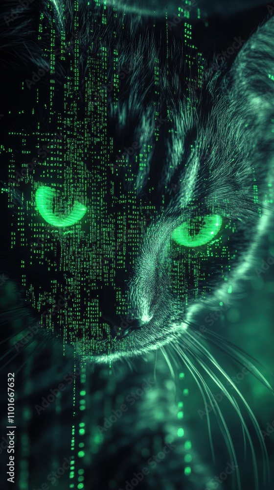 Poster matrix style code falling cat shape formation digital art dark environment futuristic concept