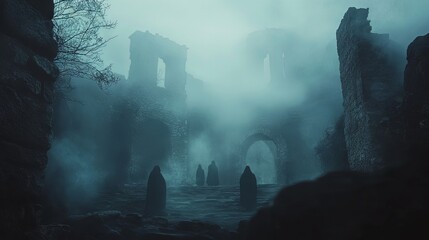 Mysterious Ruins in a Foggy Landscape