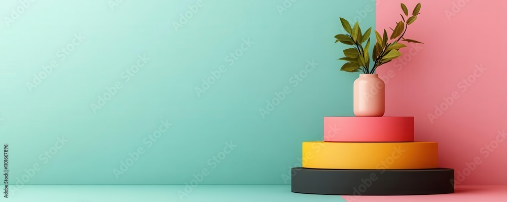 Poster a minimalist setup featuring colorful geometric platforms with a vase of greenery, set against a vib