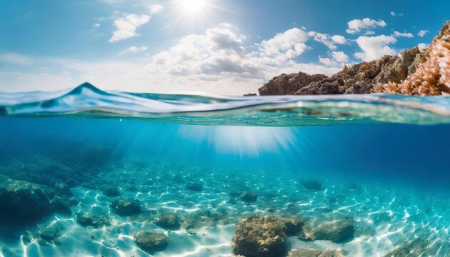 Split Underwater View Featuring a Sunny Sky Above and a Serene, Crystal-Clear Sea Below A Stunning Dual Perspective of Nature&acirc;&euro;&trade;s Beauty in Perfect Harmony, Captured in a Vibrant Tropical