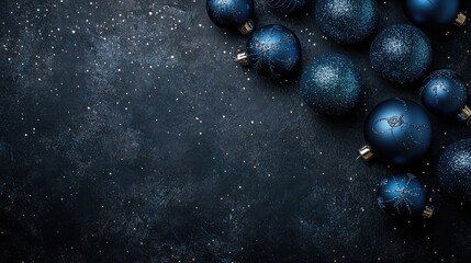 Dark blue Christmas ornaments scattered on a textured black background, creating a festive atmosphere perfect for personalized holiday greetings.