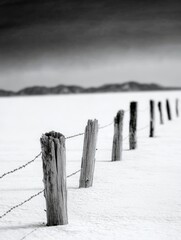 A black and white landscape featuring weathered wooden fence posts lined with barbed wire, set against a snow-covered expanse and distant mountains, ideal for themes of isolation or rural life,